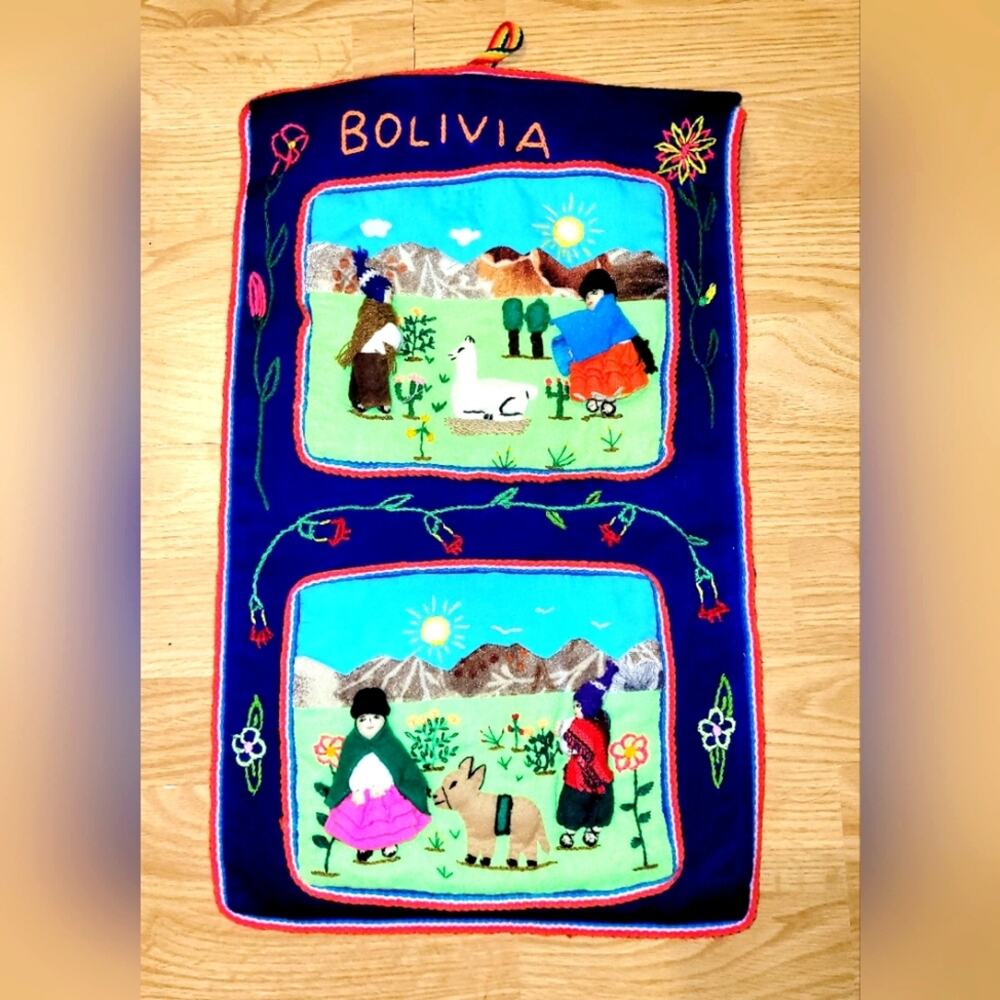 Vintage Arpillera Handmade Bolivia Wall Hanging 3D Folk Art Applique Tapestry